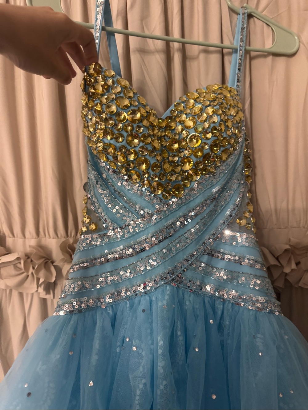 Sherri Hill Light Blue and Gold Beaded High-Low Prom Dress - Picture 8 of 12